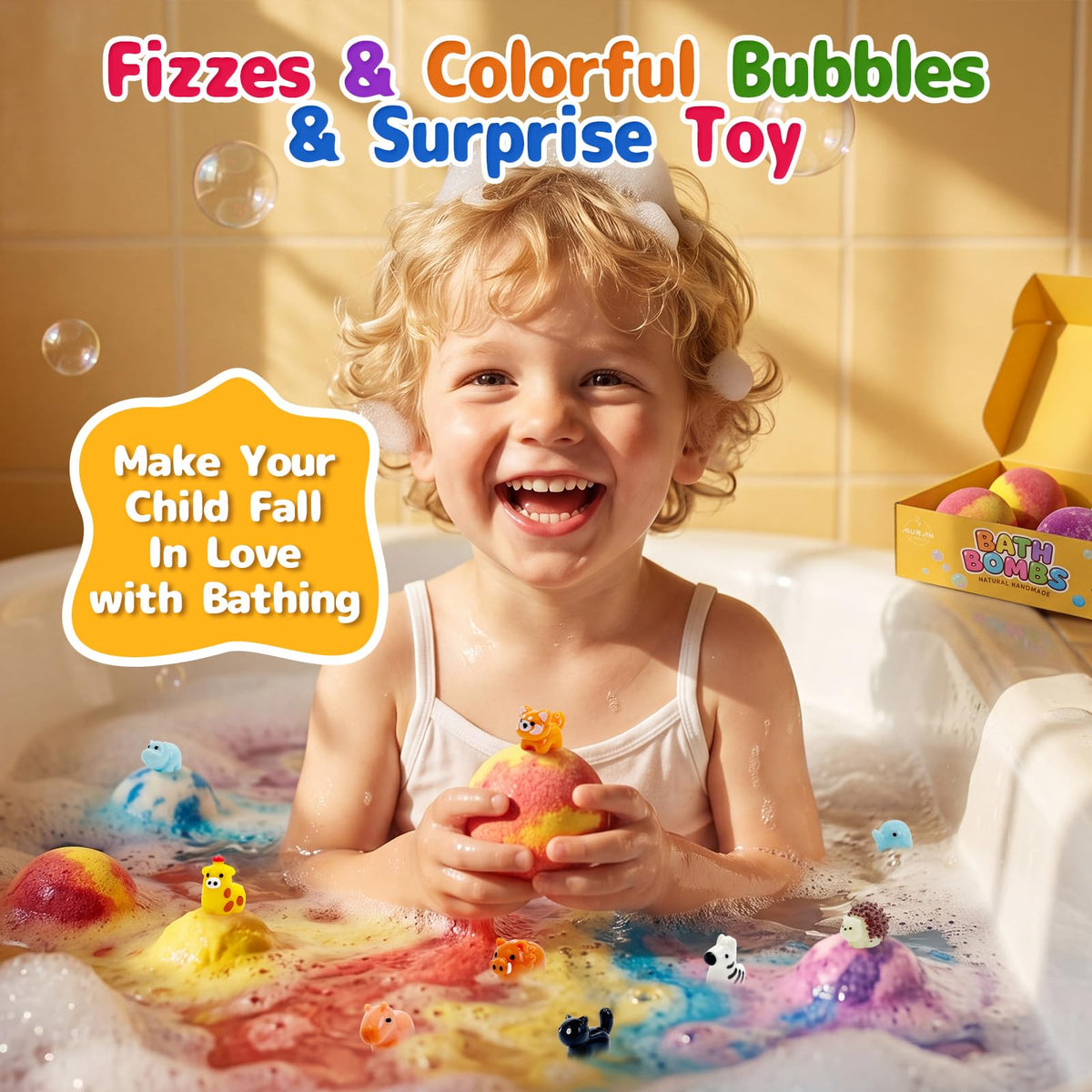 MURAN SHOWER child enjoying bubbly bath with bomb in water for happier bedtime routines