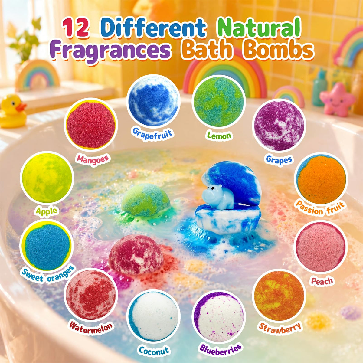 MURAN SHOWER close-up of a fizzing bath bomb releasing bubbles and color for playful baths