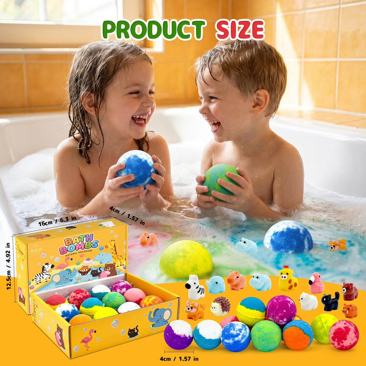 MURAN SHOWER bomb next to an adult hand to show size and toy scale for safety reference