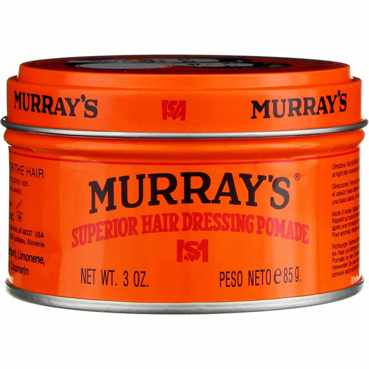 Close-up of Murray's tin label detail highlighting product information benefit