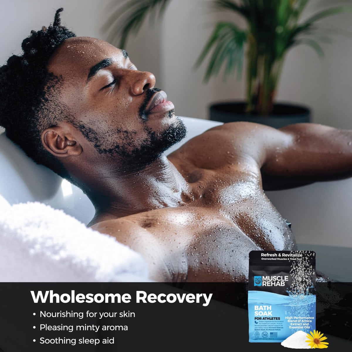 Muscle Rehab bath soak dissolving in tub offering soothing recovery benefits