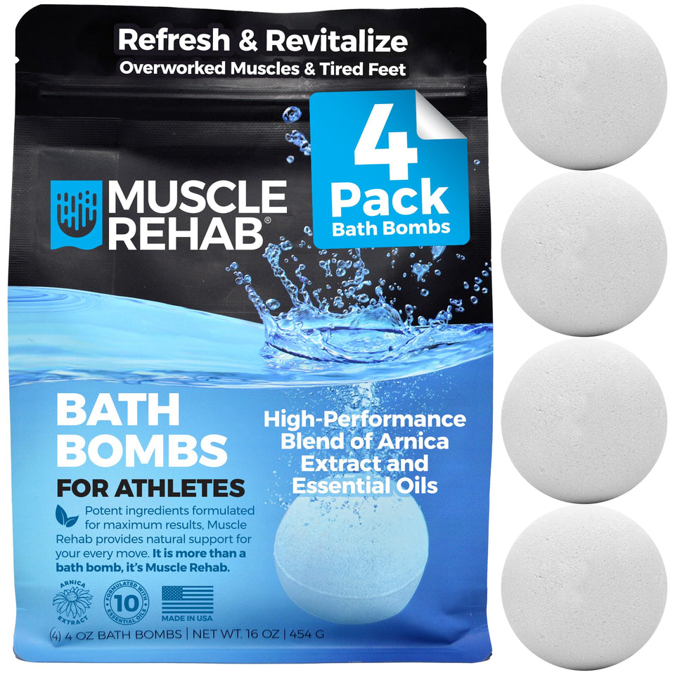 Muscle Rehab front packaging four-pack showing product and benefits