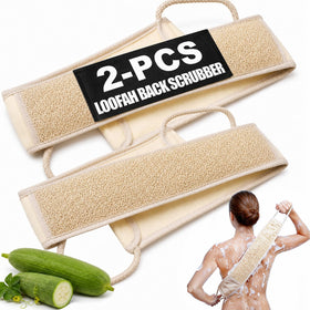 MUSDOOU front packaging showing two loofah back scrubbers and key features