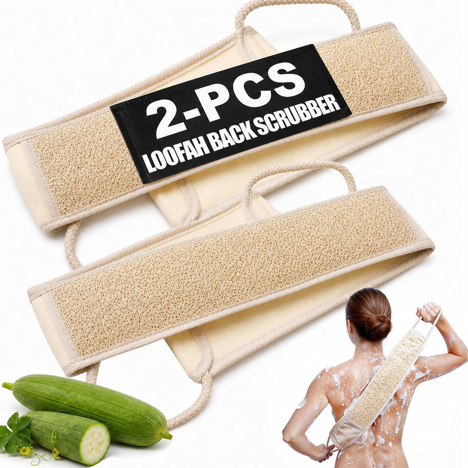 MUSDOOU front packaging showing two loofah back scrubbers and key features