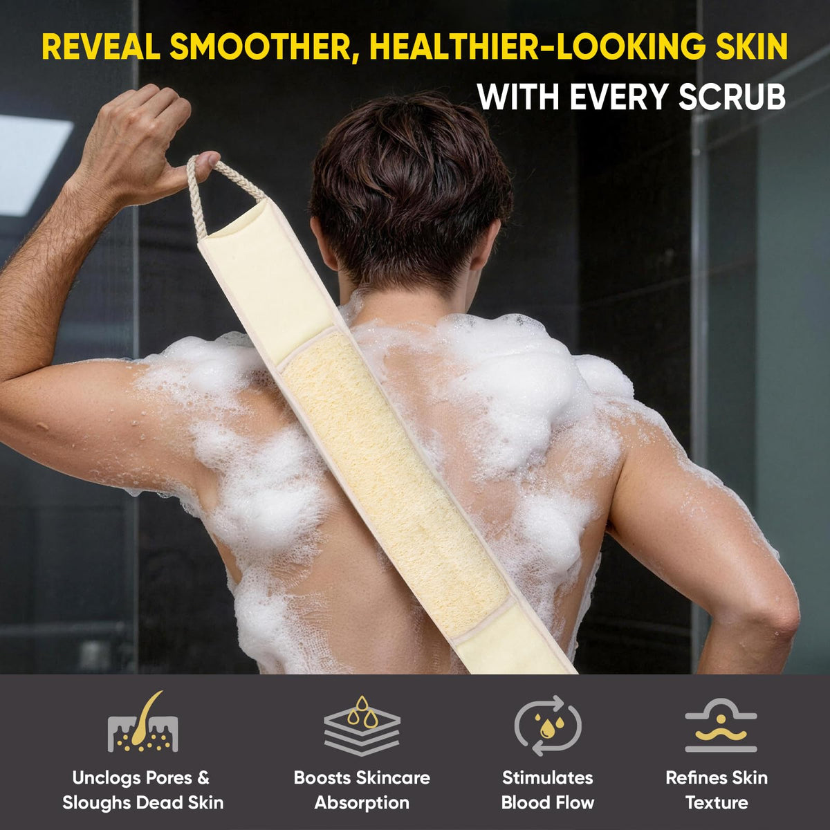 MUSDOOU in-use shot scrubbing back demonstrating reach and ease