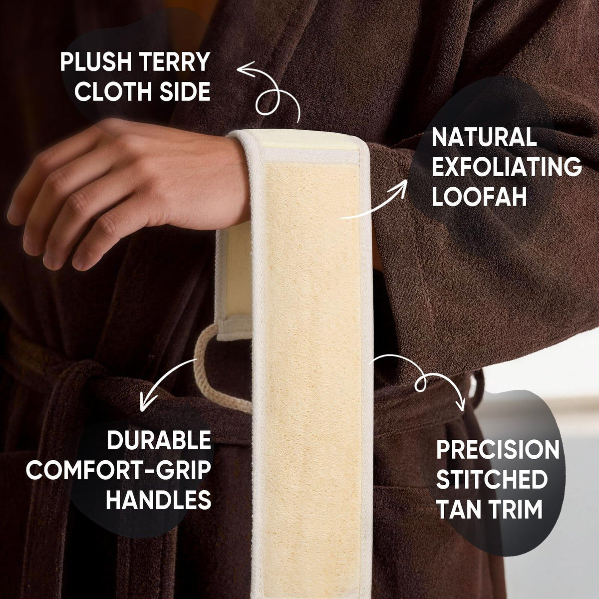 MUSDOOU close-up of natural loofah texture highlighting gentle exfoliation