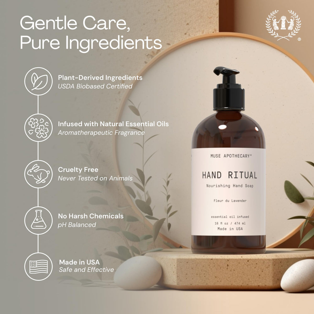 Muse Apothecary on bathroom counter showing lifestyle calm and daily ritual benefit