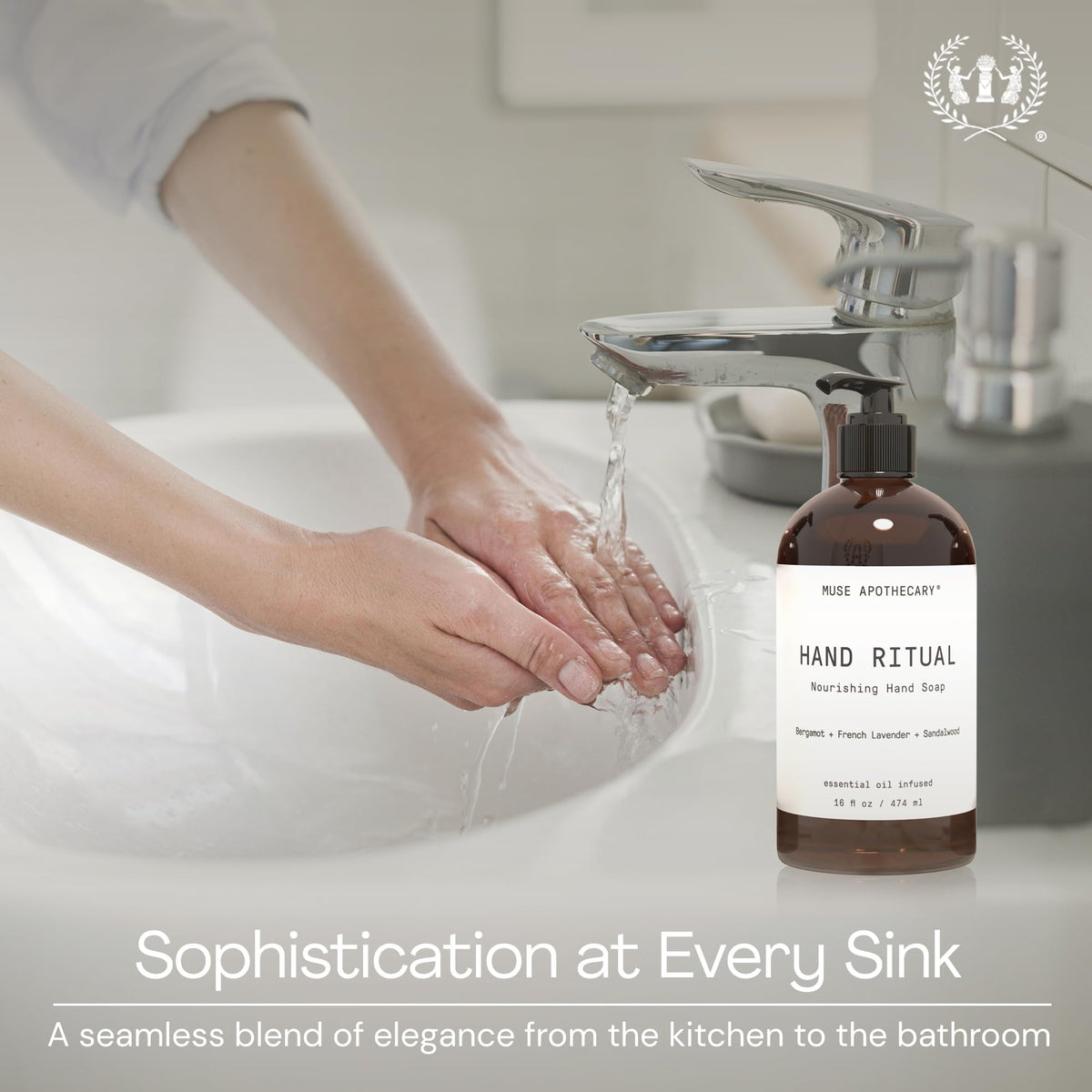 Muse Apothecary bottle beside a hand to show 16 oz scale and ease