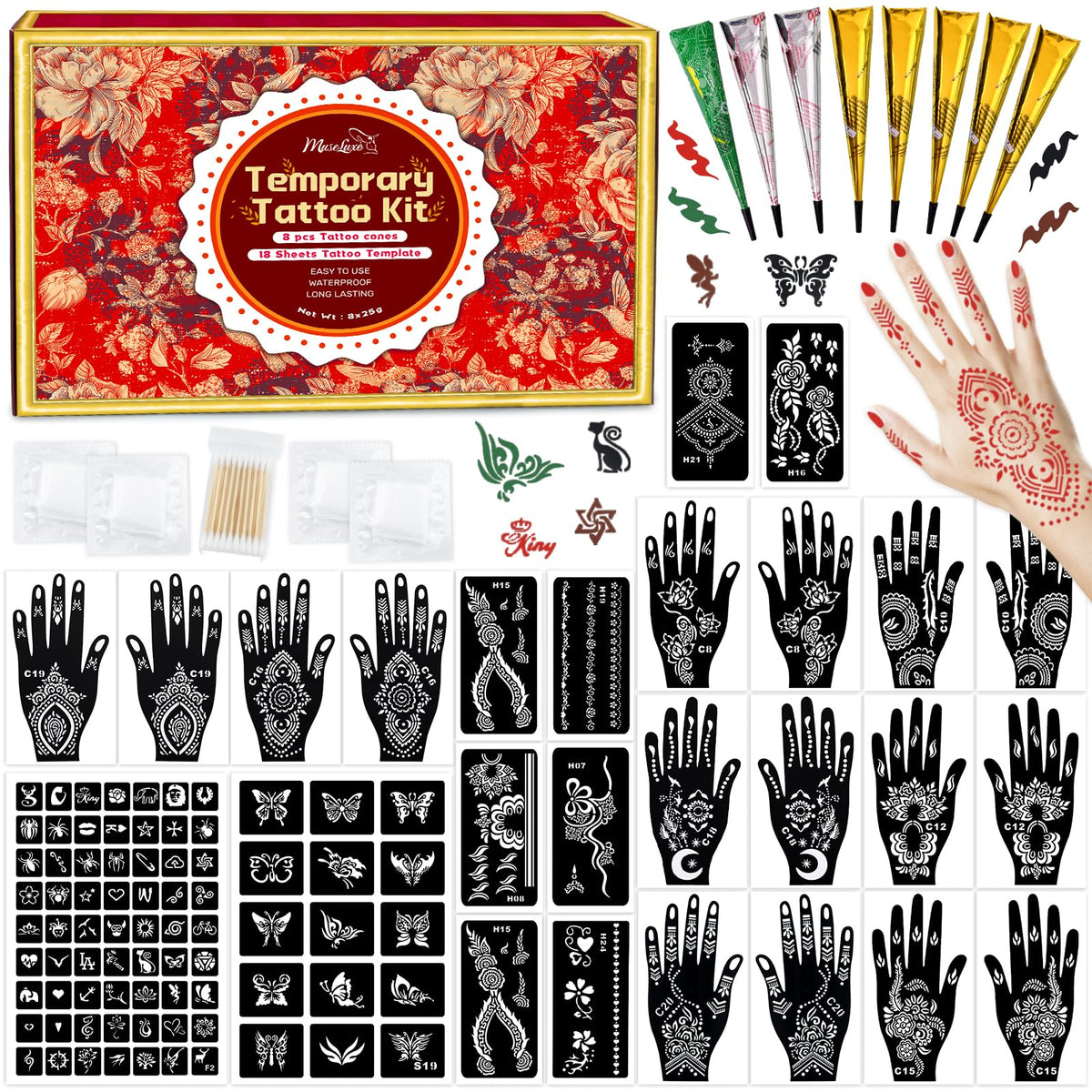 MuseLuxe front packaging showing kit contents and 102 stencil designs benefits easy setup