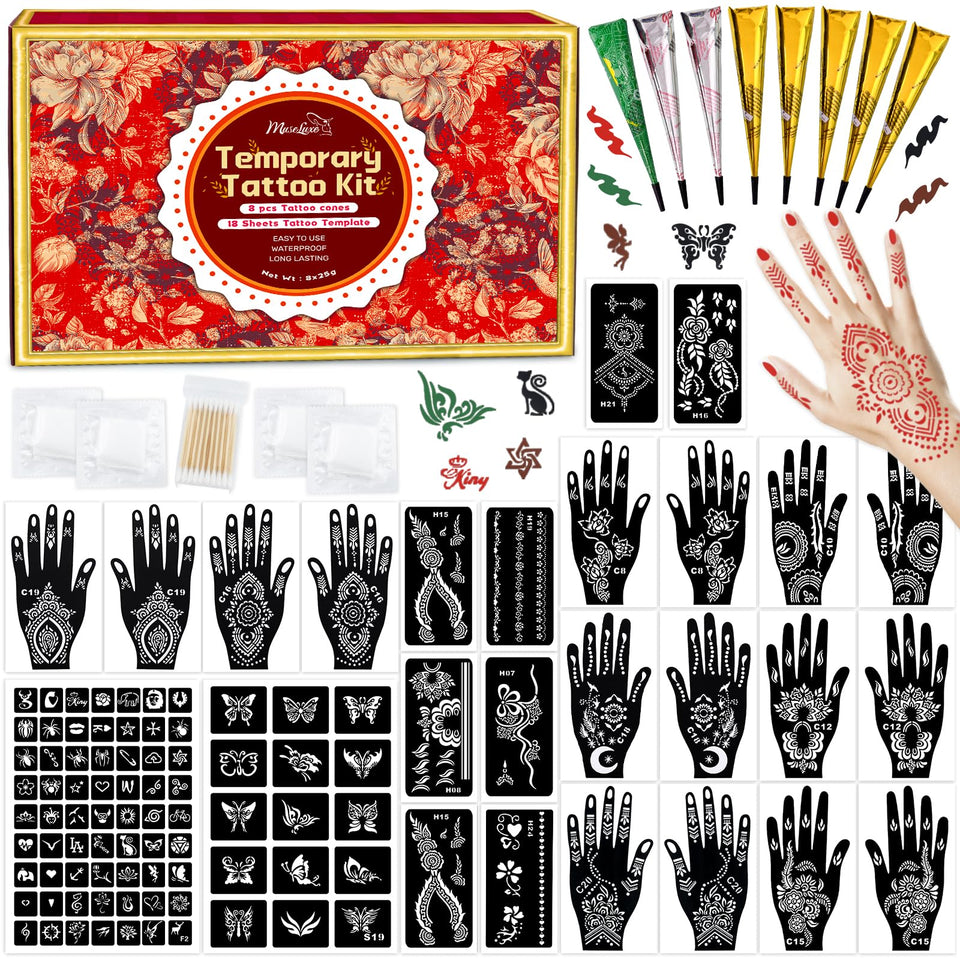 MuseLuxe front packaging showing kit contents and 102 stencil designs benefits easy setup