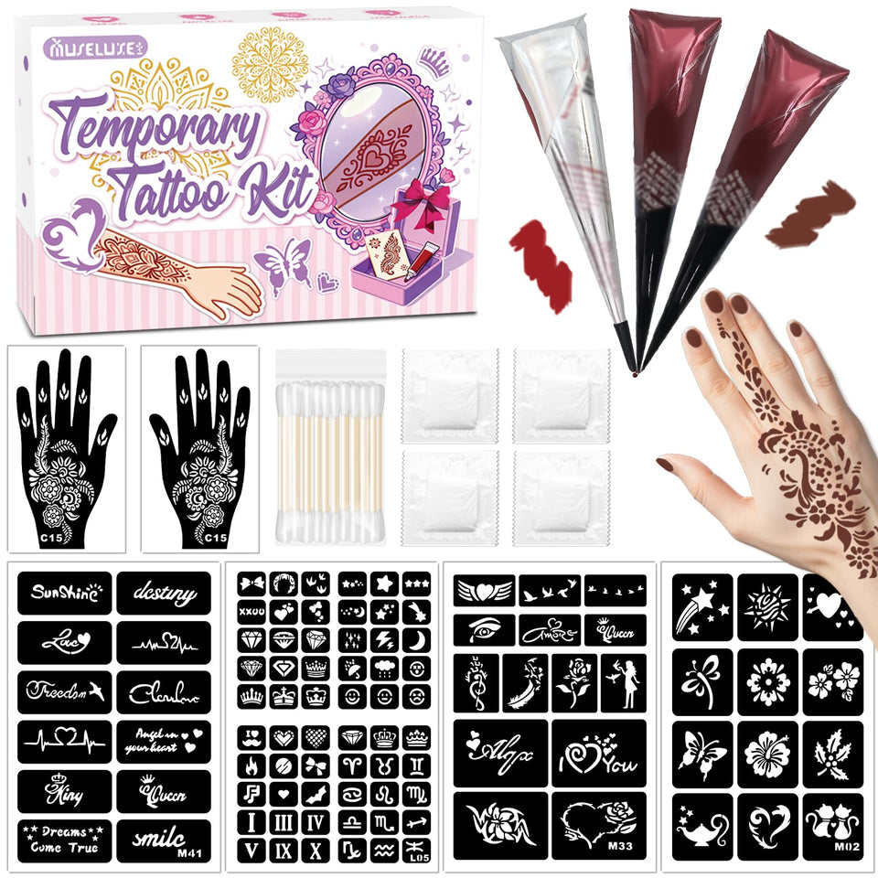 MuseLuxe front packaging showing full temporary tattoo kit and convenience