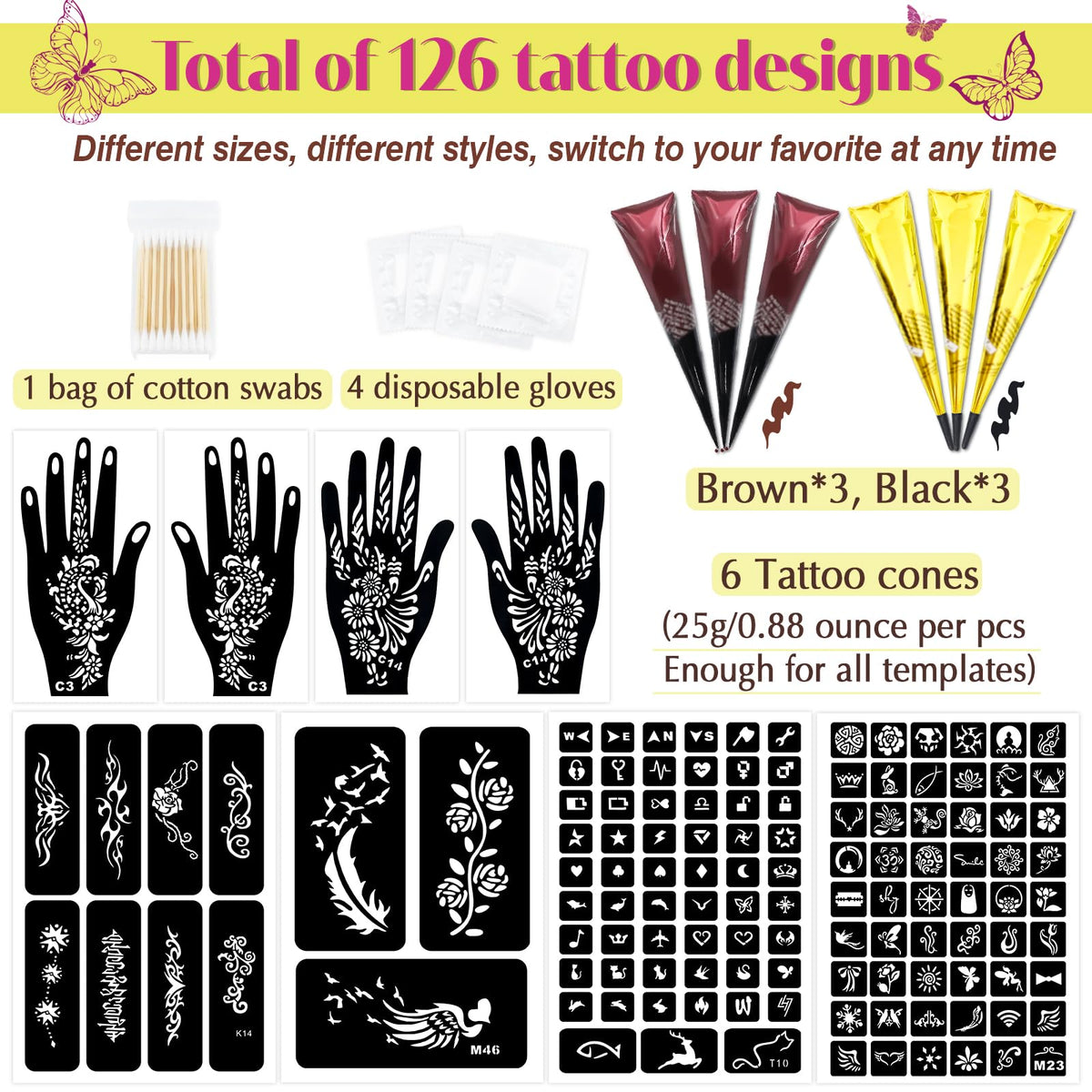 MuseLuxe stencil sheet layout with 126 diverse temporary tattoo designs