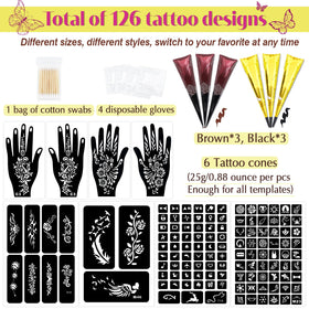 MuseLuxe stencil sheet layout with 126 diverse temporary tattoo designs