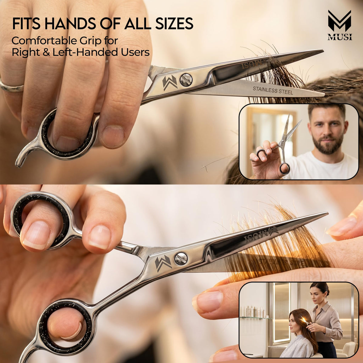 MUSI scissors cutting hair in a salon setting for clean results