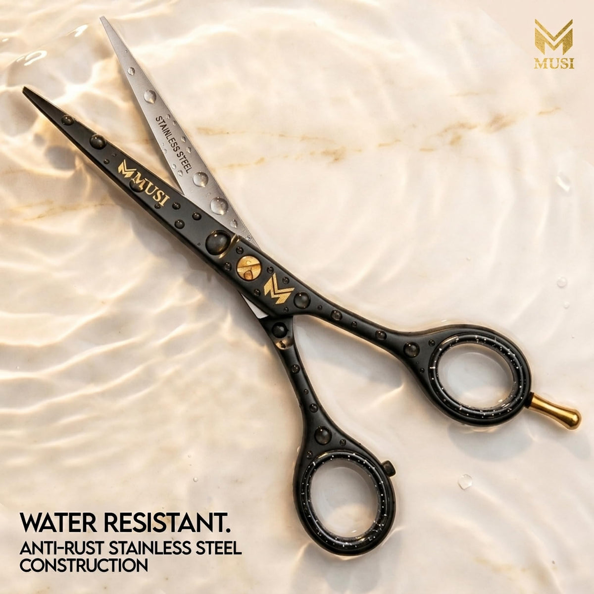 MUSI scissors cutting hair in salon demonstrating clean, tug-free performance