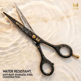 MUSI scissors cutting hair in salon demonstrating clean, tug-free performance
