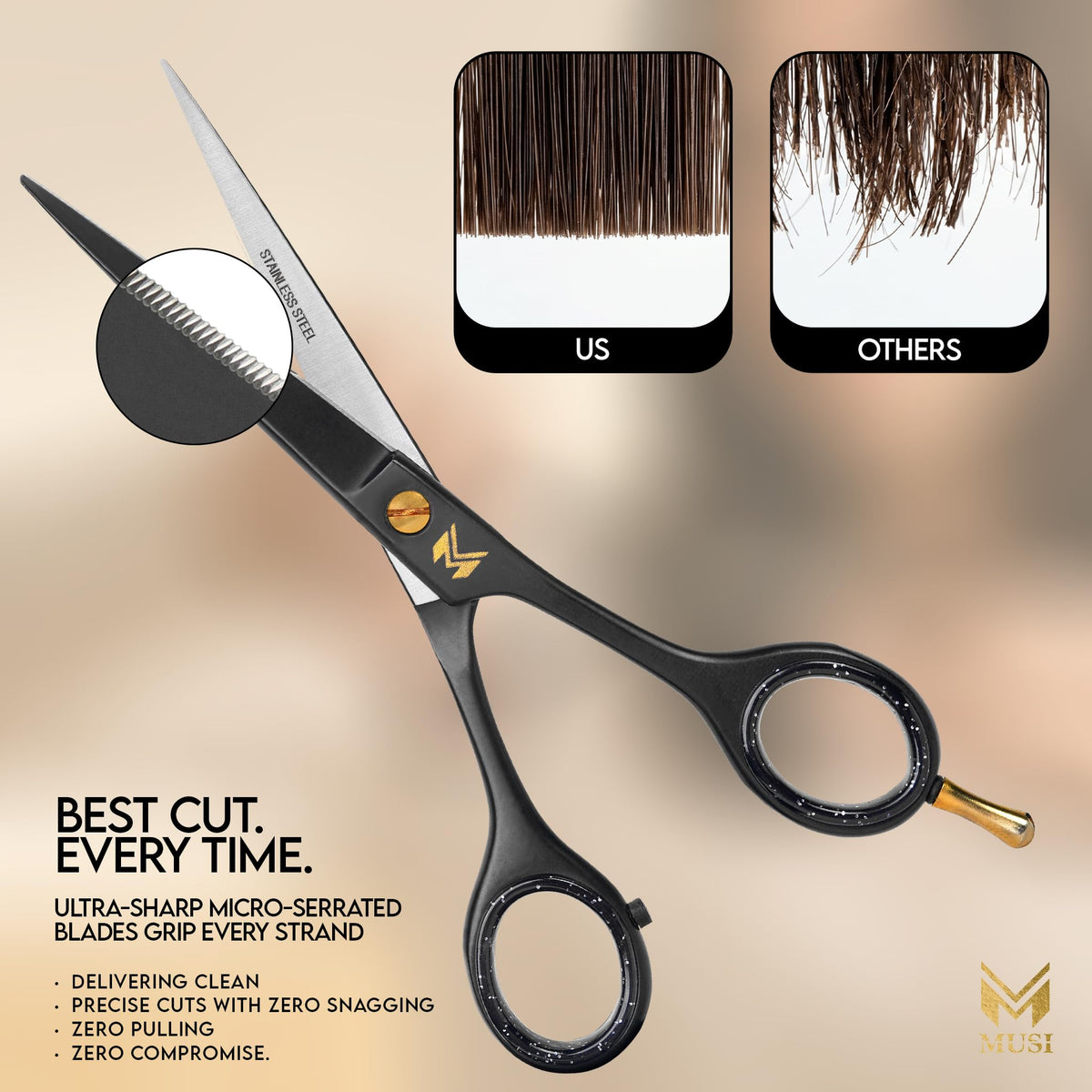MUSI scissors held in hand to show 6.5 inch scale and control benefit