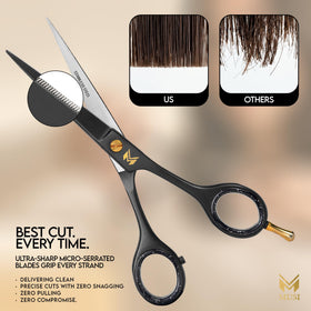 MUSI scissors held in hand to show 6.5 inch scale and control benefit