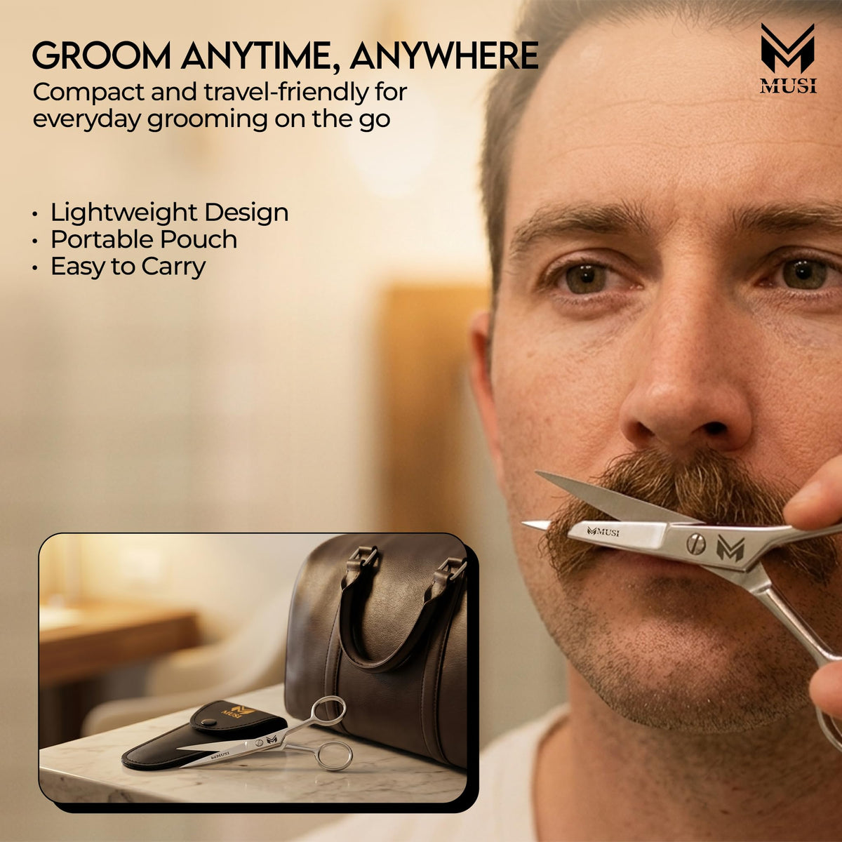 MUSI placed in travel toiletry kit illustrating portability advantage