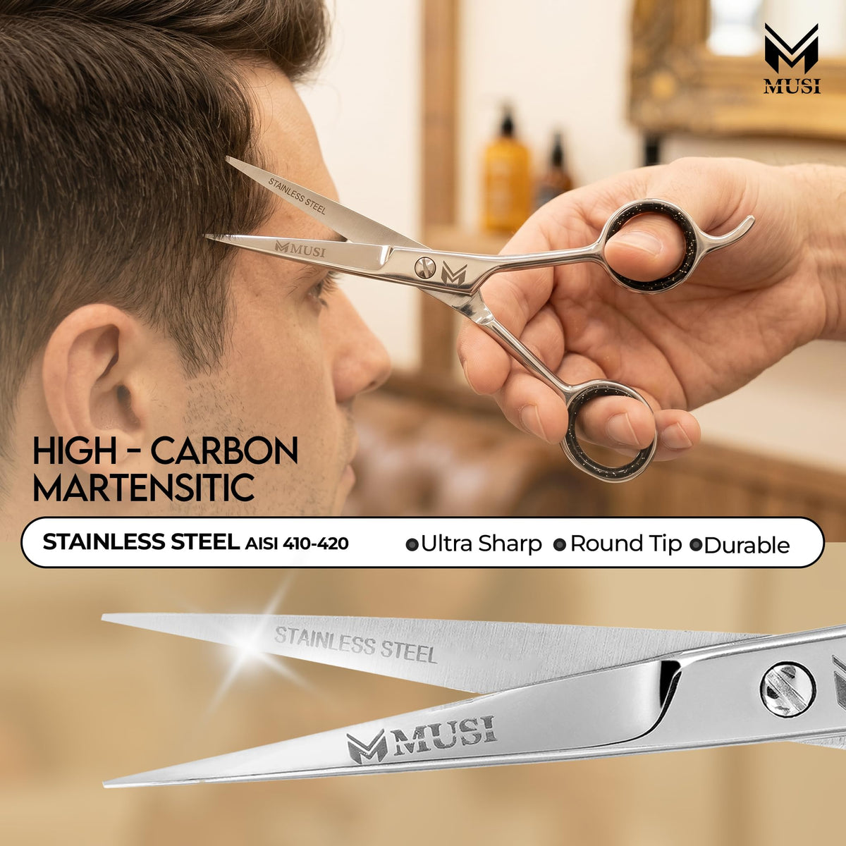 MUSI scissors paired with included comb for accurate sectioning