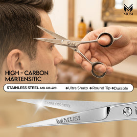 MUSI scissors paired with included comb for accurate sectioning