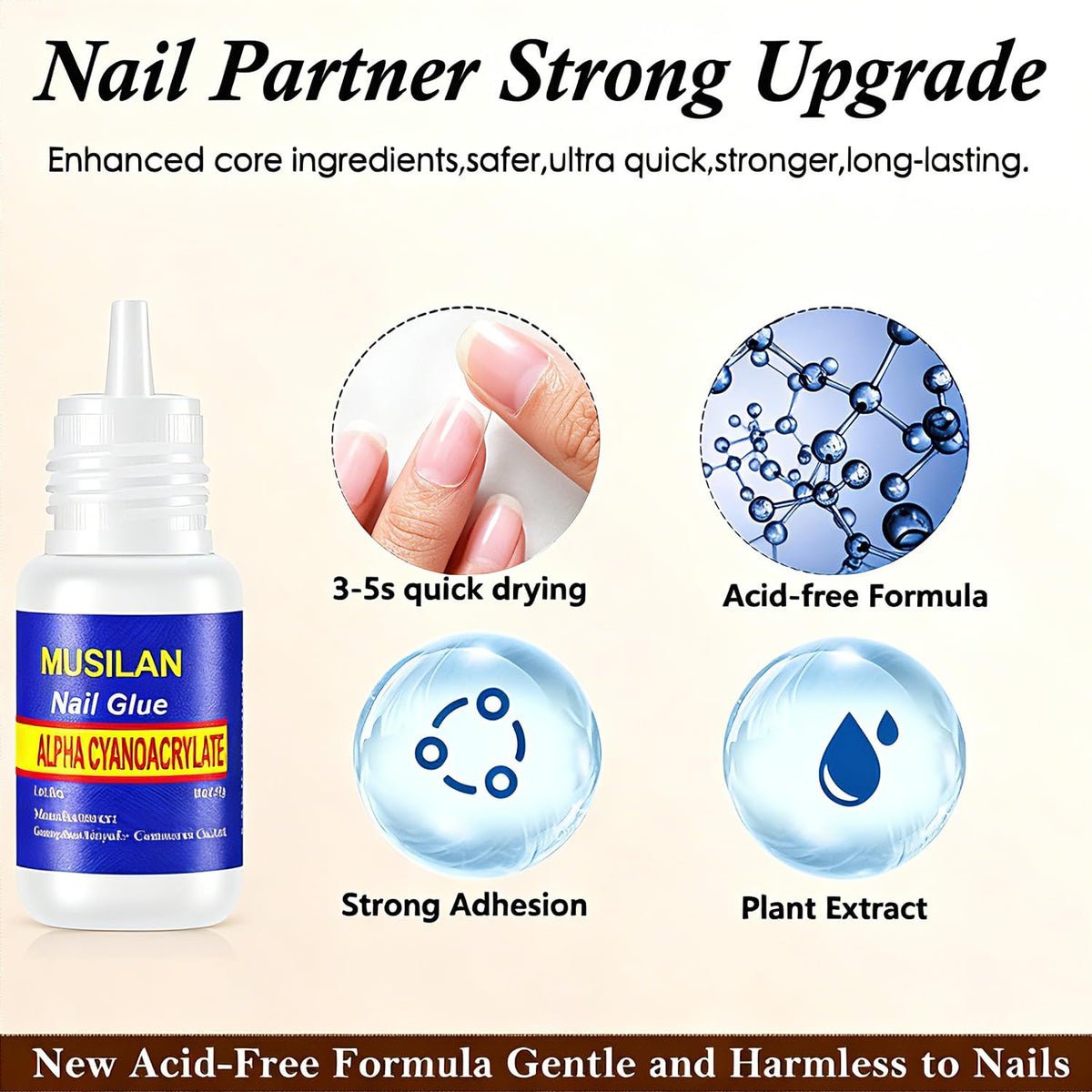 MUSILAN applying glue to press-on nail demonstrating quick bond