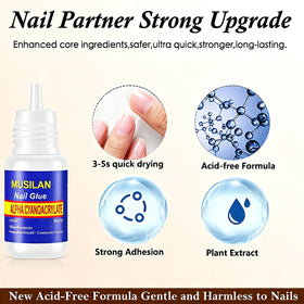 MUSILAN applying glue to press-on nail demonstrating quick bond