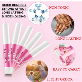 MUSILAN glue application on press-on nail demonstrating quick bond