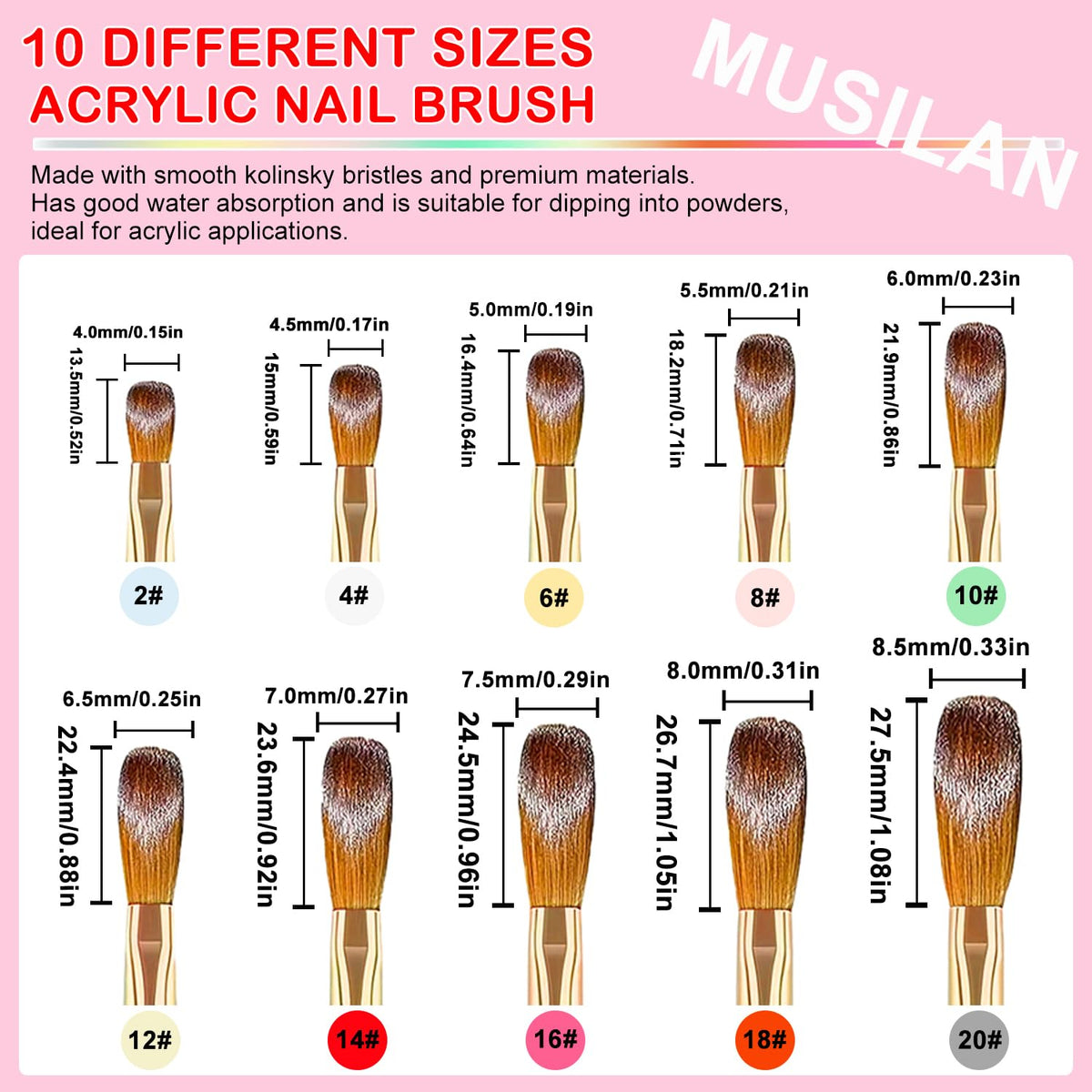 MUSILAN brushes applying acrylic on nail extension demonstrating precise coverage