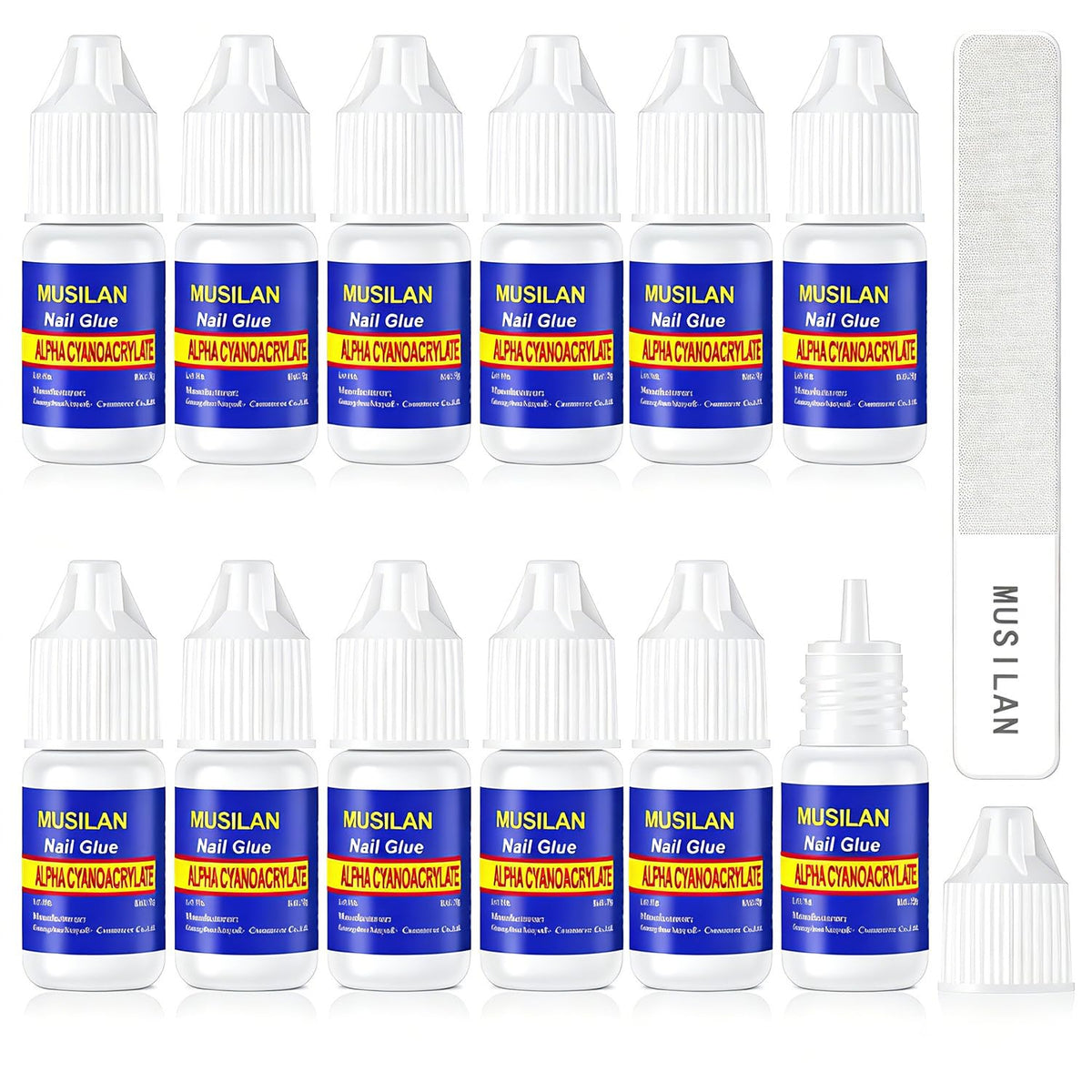 MUSILAN front view of twelve glue bottles and packaging showing value set