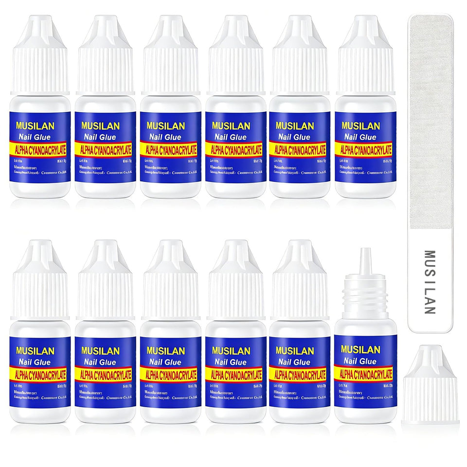 MUSILAN front view of twelve glue bottles and packaging showing value set
