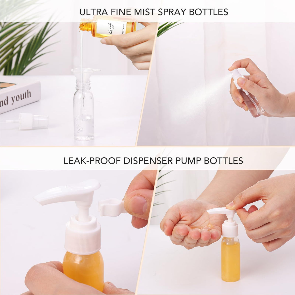 Muslish bottles filled with shampoo for proper portioning and carry-on compliance