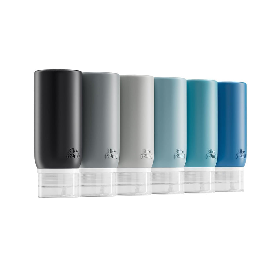 Muslish front packaging showing six gray travel bottles and benefits