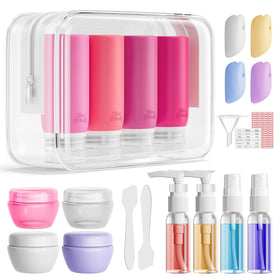 Muslish front view of complete pink travel bottle set showing organized convenience