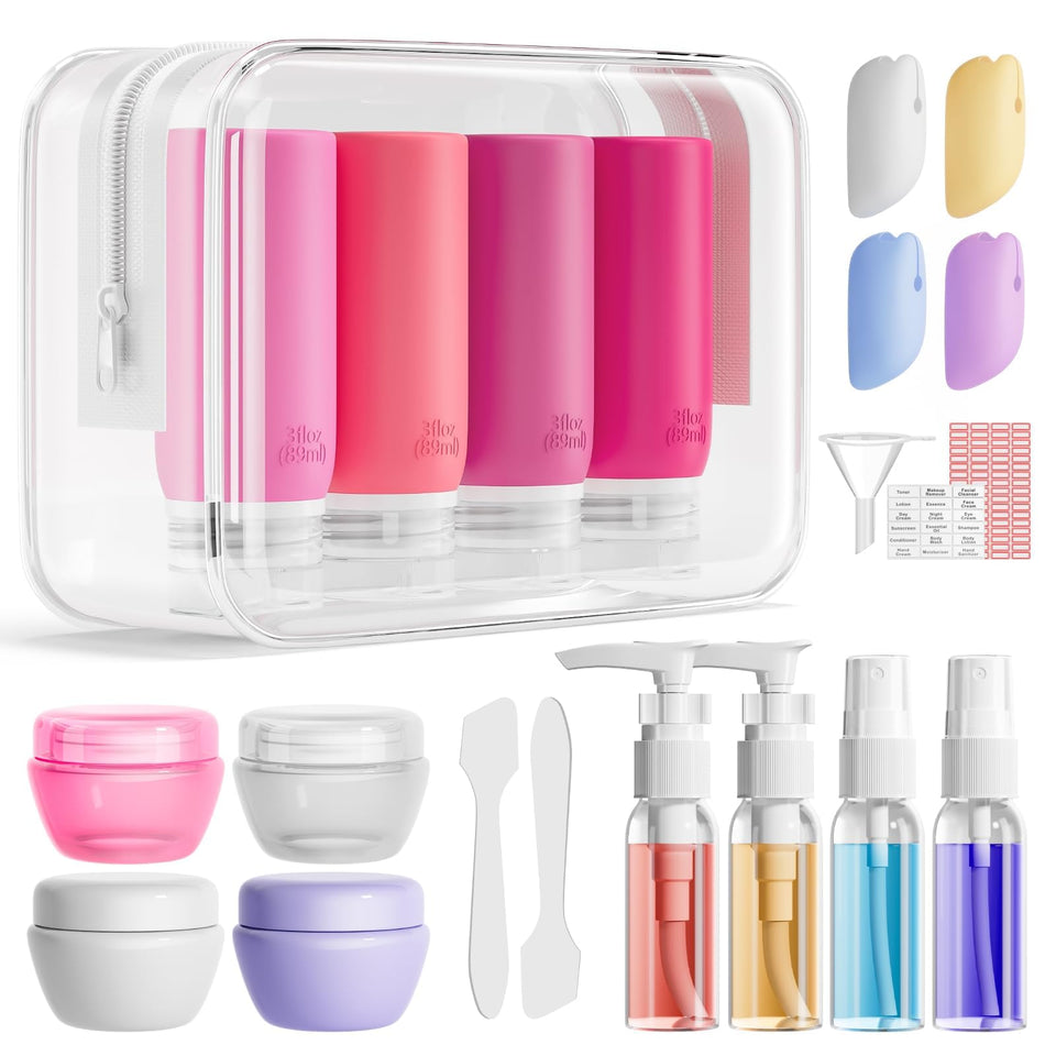 Muslish front view of complete pink travel bottle set showing organized convenience