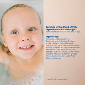 Mustela shampoo on bathroom shelf in family setting promoting daily routine