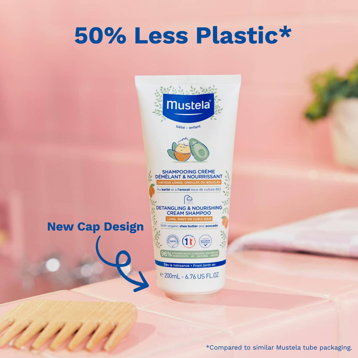 Mustela bottle label and ingredient list detail highlighting shea butter and avocado oil