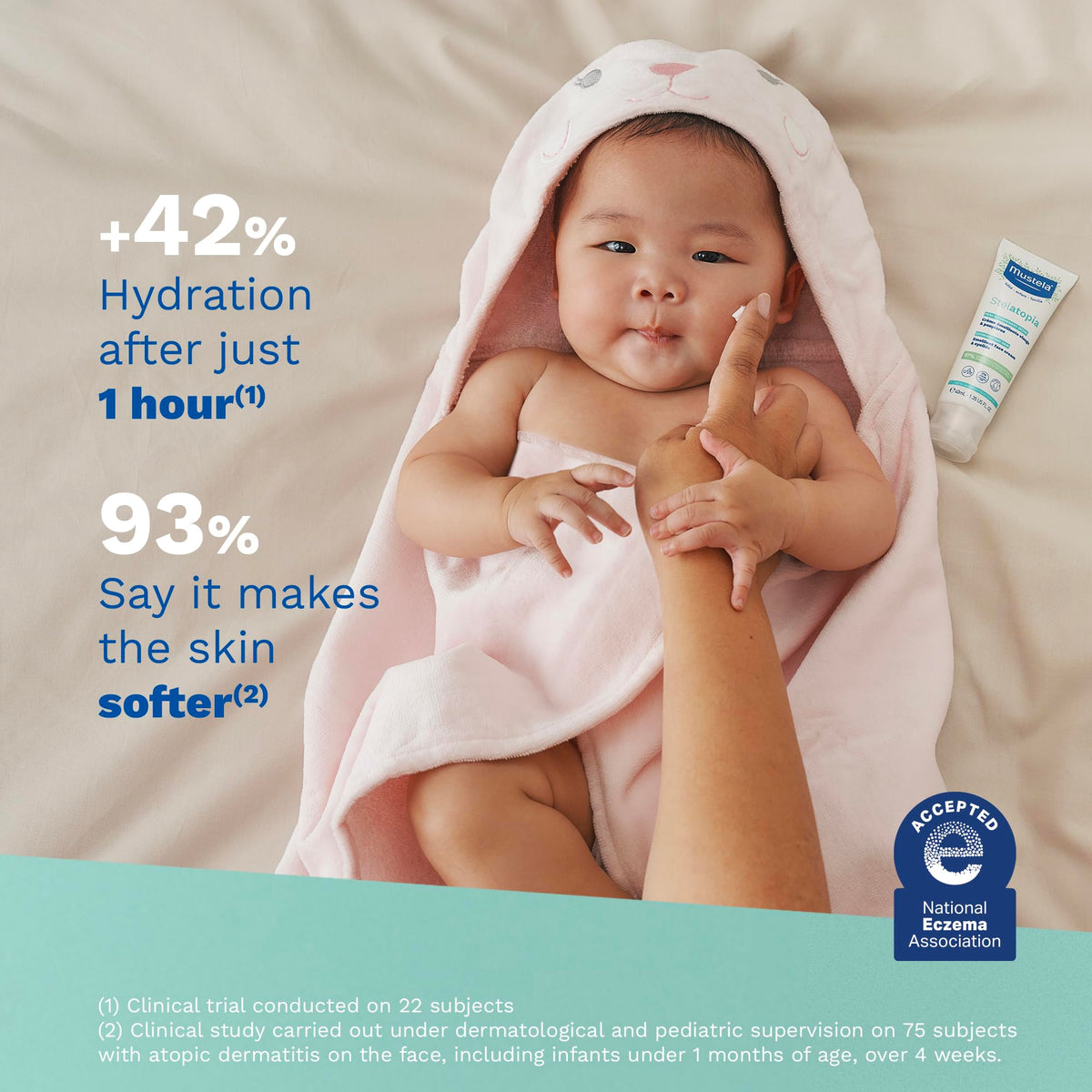Mustela creamy texture close-up demonstrating fast-absorbing, non-greasy finish