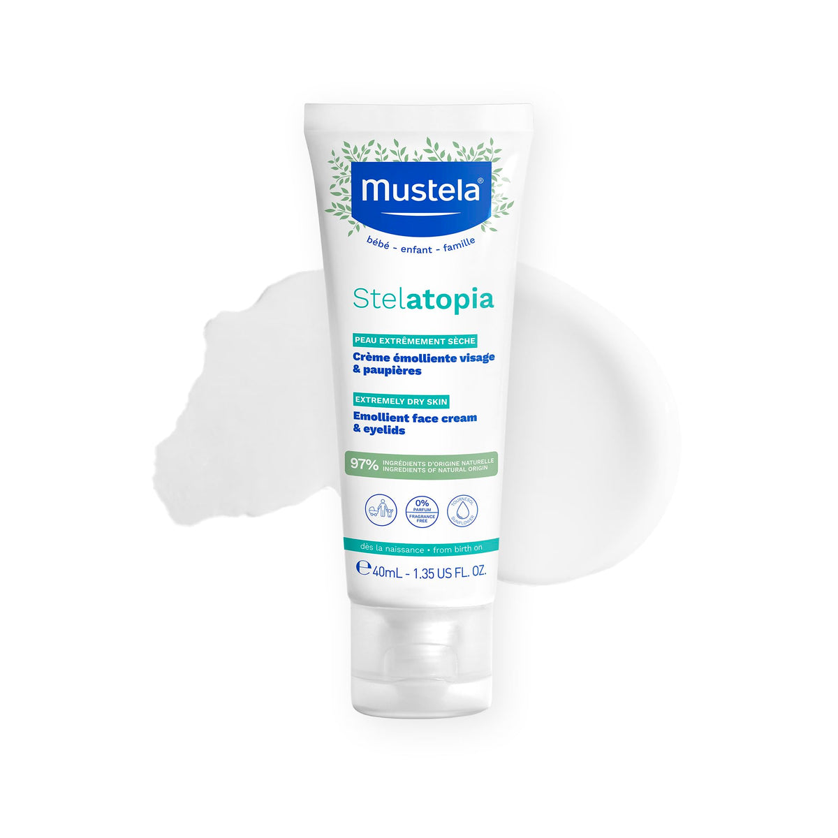 Mustela front packaging showing product and benefits for eczema-prone skin