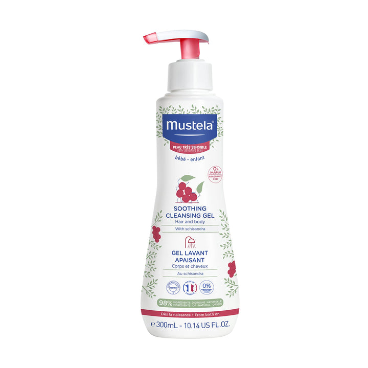 Mustela bottle front view showing soothing cleansing gel benefits