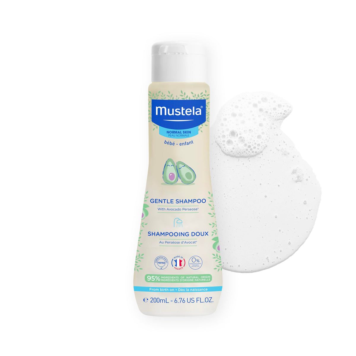 Mustela front packaging showing gentle shampoo and newborn-safe benefit