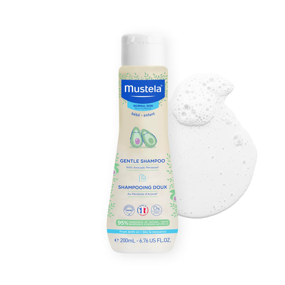Mustela front packaging showing gentle shampoo and newborn-safe benefit