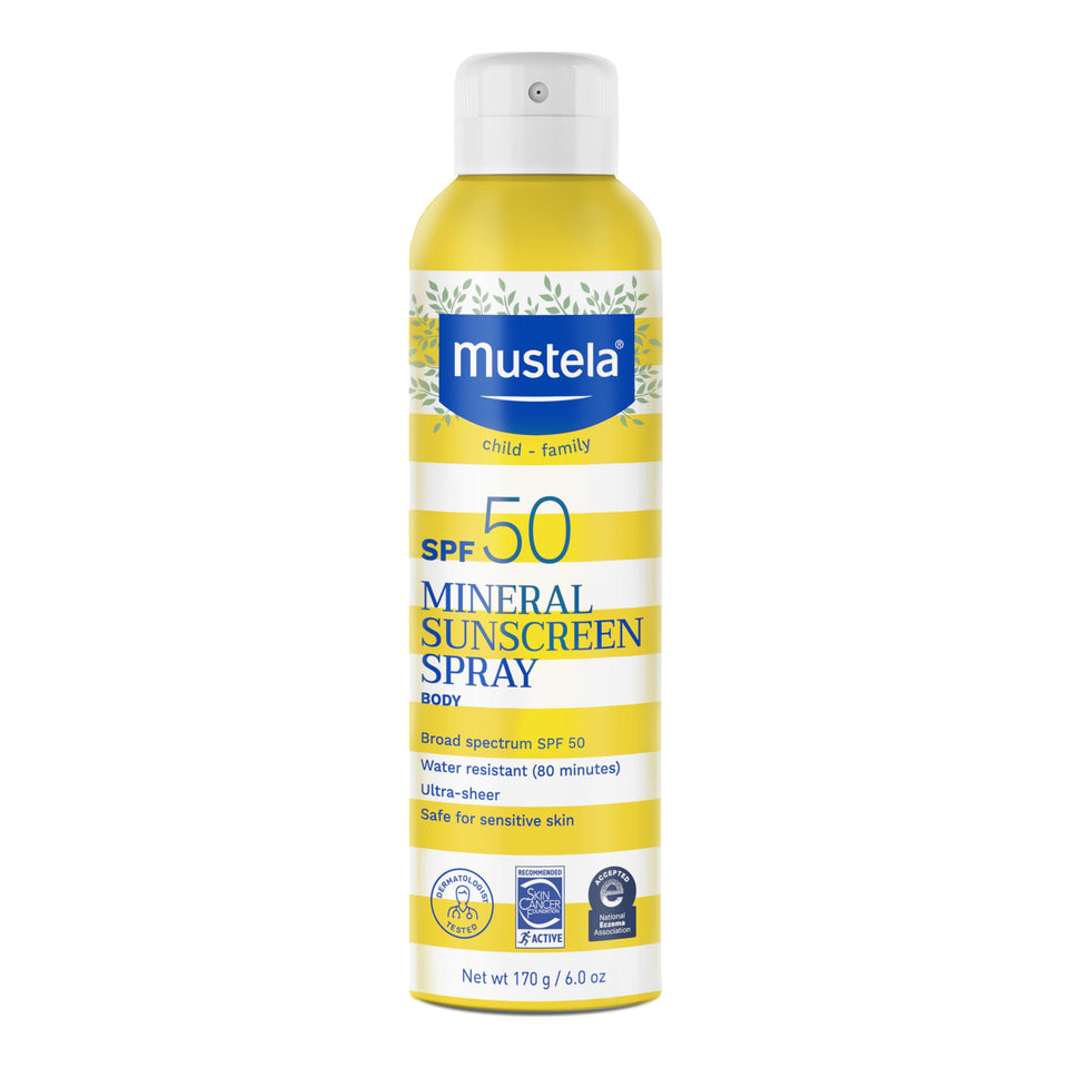 Mustela front packaging spray showing bottle and SPF 50 protection