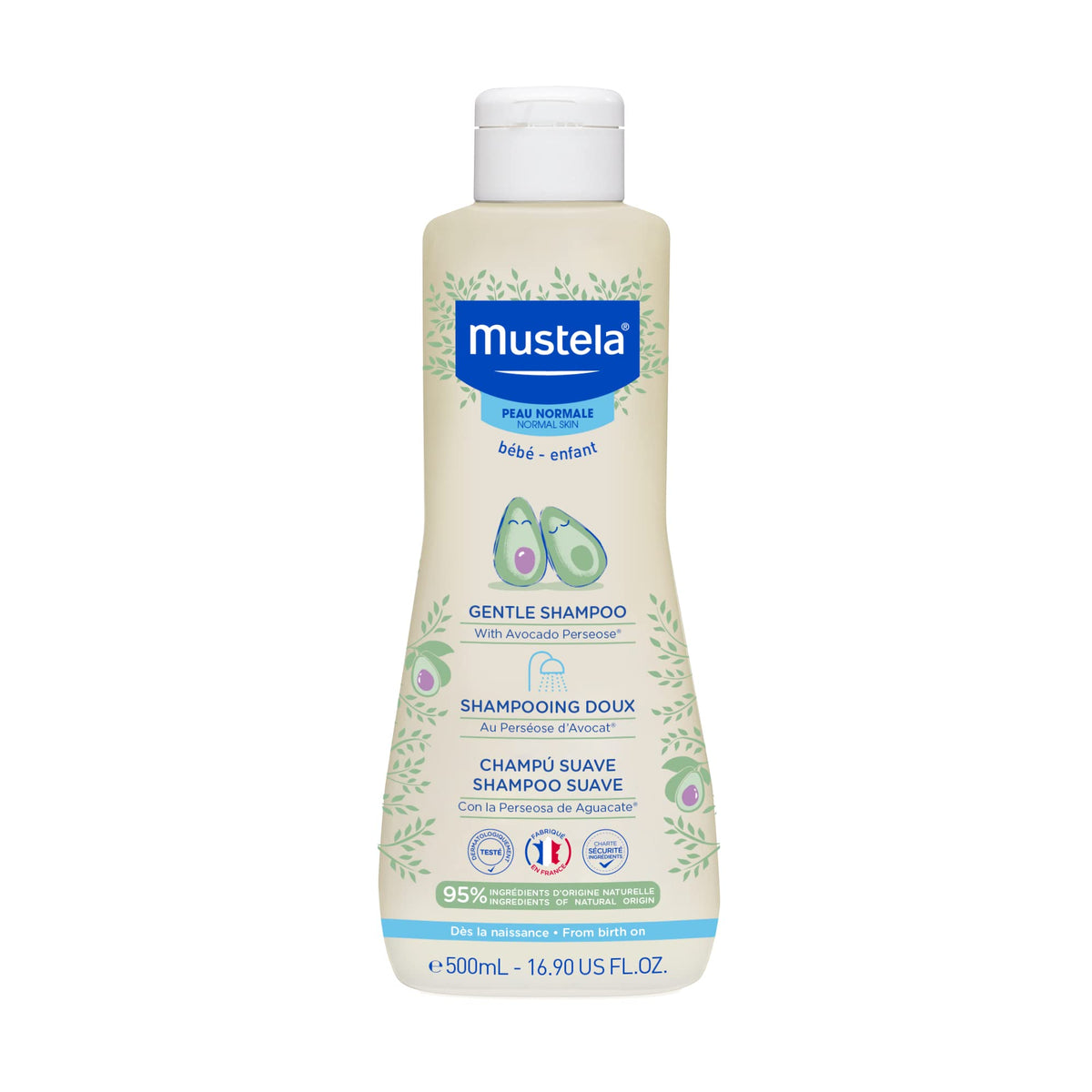 Mustela front packaging shows baby shampoo bottle and gentle formula benefit
