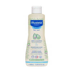 Mustela front packaging shows baby shampoo bottle and gentle formula benefit