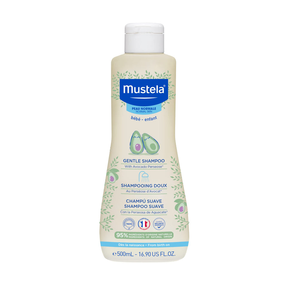 Mustela front packaging shows baby shampoo bottle and gentle formula benefit