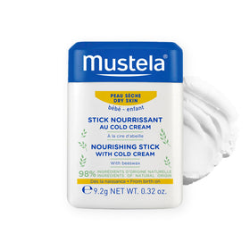 Mustela nourishing stick front packaging shows product and benefit for quick protection
