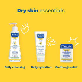 Mustela nourishing stick label close-up listing key natural ingredients and safety