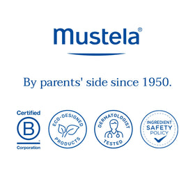 Mustela bottle held in hand to show 6.76 fl oz scale and travel-friendly size