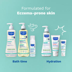 Bathroom shelf styling with Mustela Stelatopia, presents everyday family skincare routine
